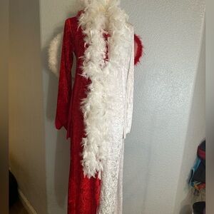 Naughty and Nice Red & White  Dress with Wings, Tail and White Feather Boa